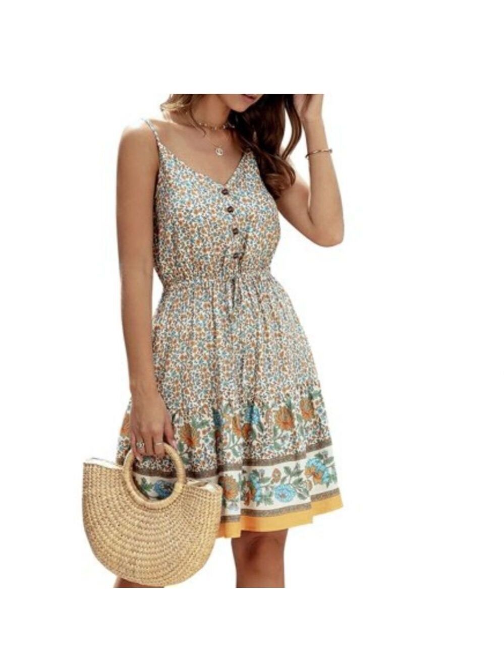 summer dresses Floral V neck Spaghetti strap Backless Button down new